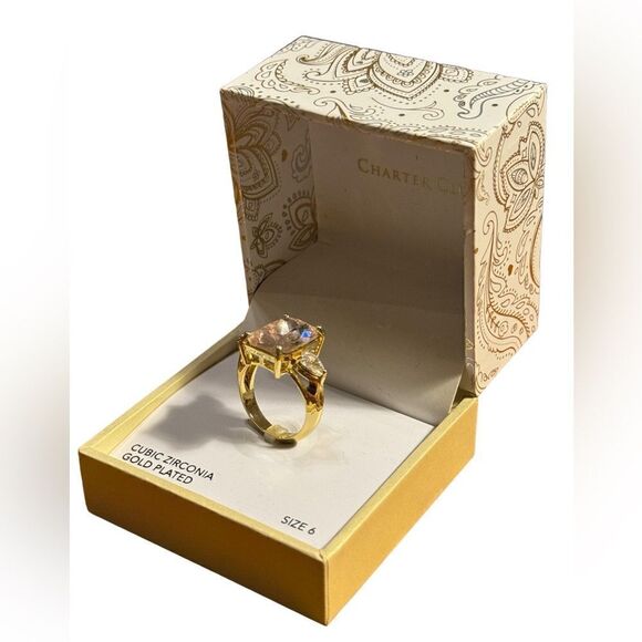 NWT  Charter Club Emerald Cut Crystal Ring in Gold plated - Pink size 6 - Picture 2 of 4